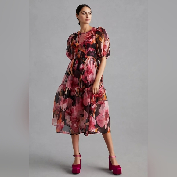 Anthropologie Puff-Sleeve Organza Floral Silk Midi Dress size XSP - Picture 1 of 14